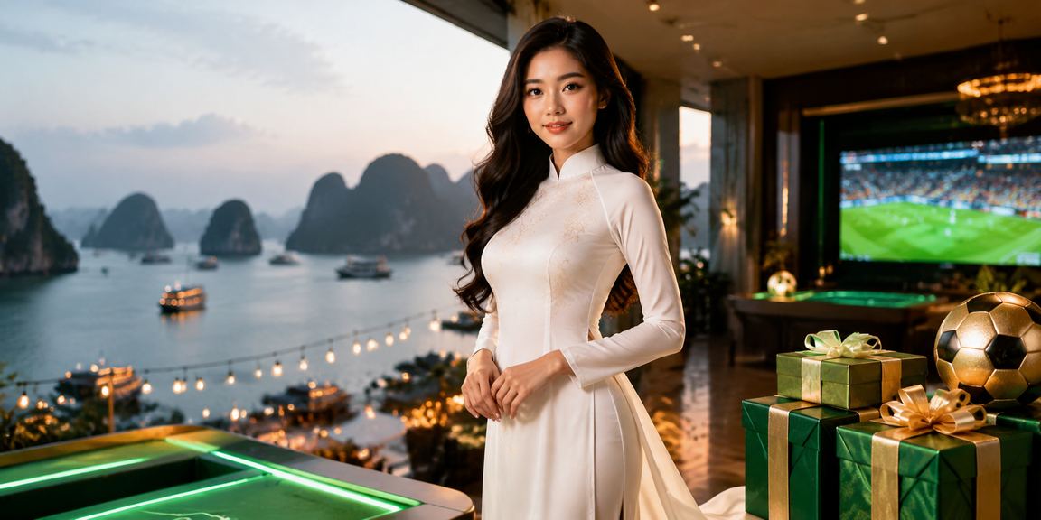 Người mặc áo dài truyền thống Việt Nam bên vịnh Hạ Long, gợi cảm giác giải trí văn hóa bản địa